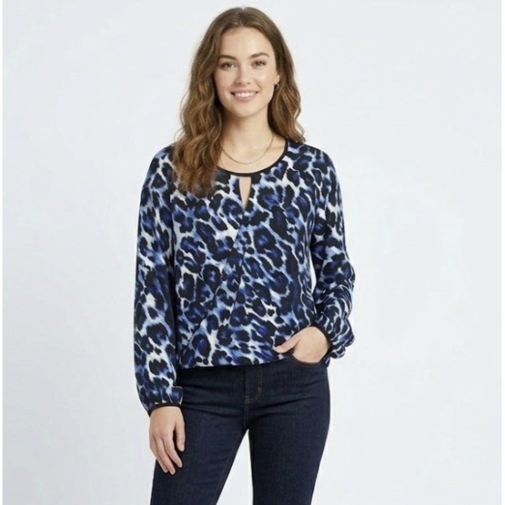 New Cache Small Black Blue Leopard Print Relaxed Flowy Long Sleeve‎ Blouse